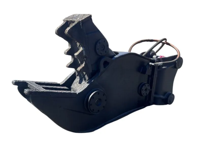Black heavy-duty excavator bucket attachment with toothed edge for a skid-steer loader, showing mounting pins and hydraulic hoses, isolated on white background.