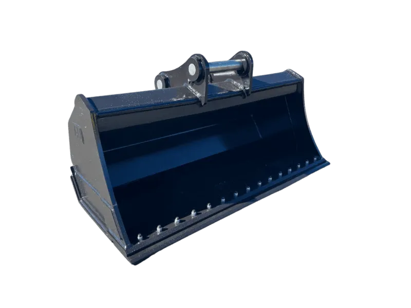 Blue metal excavator bucket attachment with mounting linkage and teeth along the edge, viewed from above edge-down angle, isolated on black background.