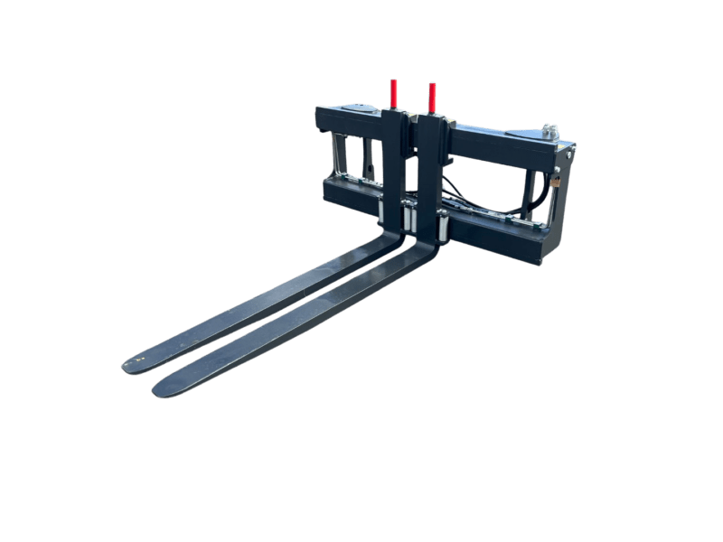 Industrial forklift attachment with two long forks and a hydraulic clamping carriage, blue frame and red control levers as handles