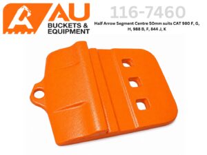 Bright orange hinge plate for heavy equipment buckets, with mounting holes and three rectangular cutouts (AU Buckets & Equipment 116-7460).