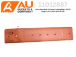 Orange Volvo-style bolt-on center cutting edge (57.02" length) for buckets, shown with AU Buckets & Equipment branding and multiple fastener holes along its length.