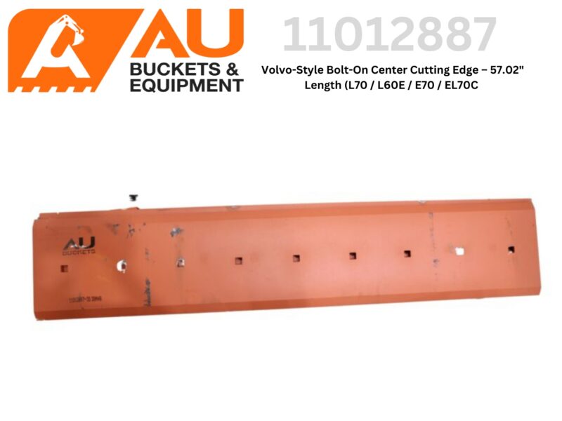 Orange Volvo-style bolt-on center cutting edge (57.02" length) for buckets, shown with AU Buckets & Equipment branding and multiple fastener holes along its length.