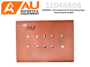 Orange bolt-on end cutting edge plate for a Volvo-style bucket, featuring the AU Buckets & Equipment branding and multiple square holes across the plate.