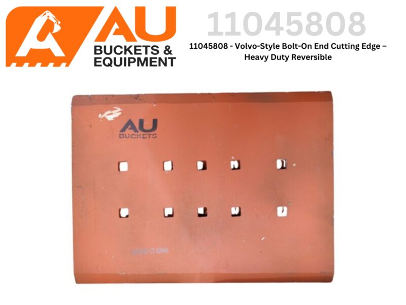 Orange bolt-on end cutting edge plate for a Volvo-style bucket, featuring the AU Buckets & Equipment branding and multiple square holes across the plate.