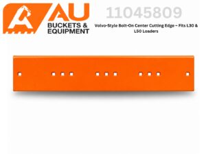 AU Buckets & Equipment branding with an orange logo and a long orange bolt-on center cutting edge for Volvo-style L30/L50 loaders