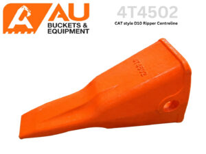 AU Buckets & Equipment logo alongside an orange excavator bucket tooth (model 4T4502) on a white background
