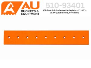 Orange steel bolt-on center cutting edge with evenly spaced mounting holes for a loader bucket.