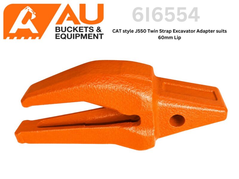 Orange excavator bucket lip adapter (60 mm) shown from side for CAT J550 twin strap model, product image by AU Buckets & Equipment