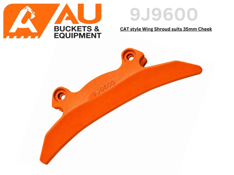 Orange CAT-style wing shroud with two mounting holes, part number 9J9600, on white background (AU Buckets & Equipment branding).
