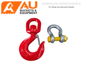 Close-up of a red carabiner and a gray metal hook on a black background beneath the AUM Buckets & Equipment logo.