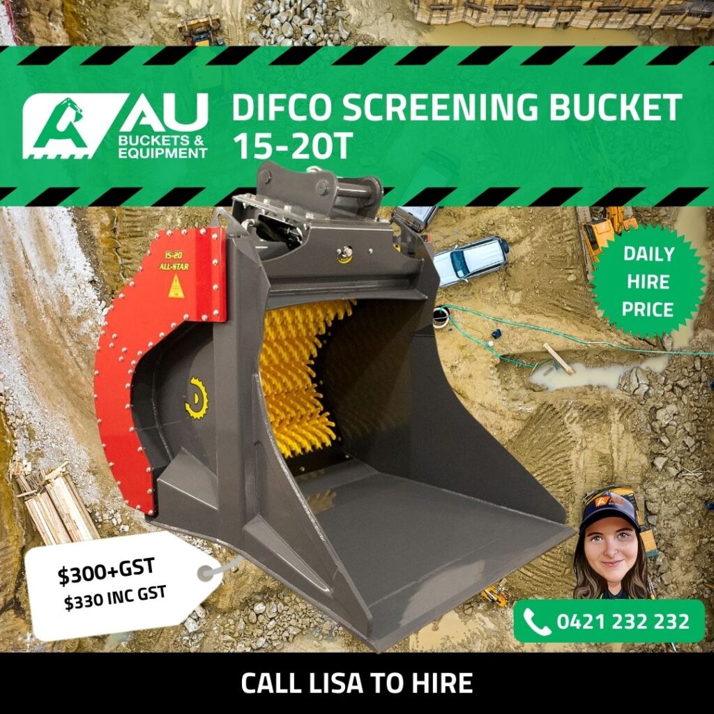 AUG EDM - AU Buckets | Excavator Buckets, Attachments, Heavy Equipment Hire and Wear Parts 2023 Difco 15-20 ALL-STAR 1500mm wide hydraulic screening bucket with BOCE to suit excavator
