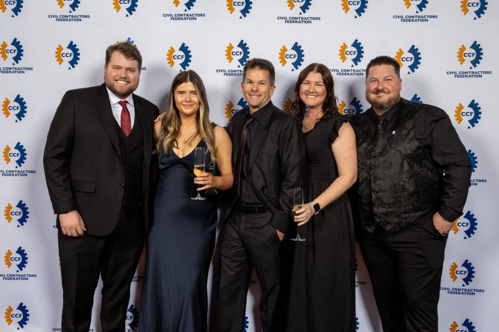 AU Buckets team attending the 2025 WA Earth Awards gala at Crown Perth - AU Buckets | Excavator Buckets, Attachments & Heavy Equipment Hire Rob Carr Pty Ltd and NEWest Alliance team receiving the WA Earth Award for Anaconda Dr Sewer Pressure Main Realignment