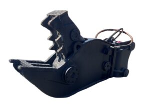 Black heavy-duty excavator bucket attachment with toothed edge for a skid-steer loader, showing mounting pins and hydraulic hoses, isolated on white background.