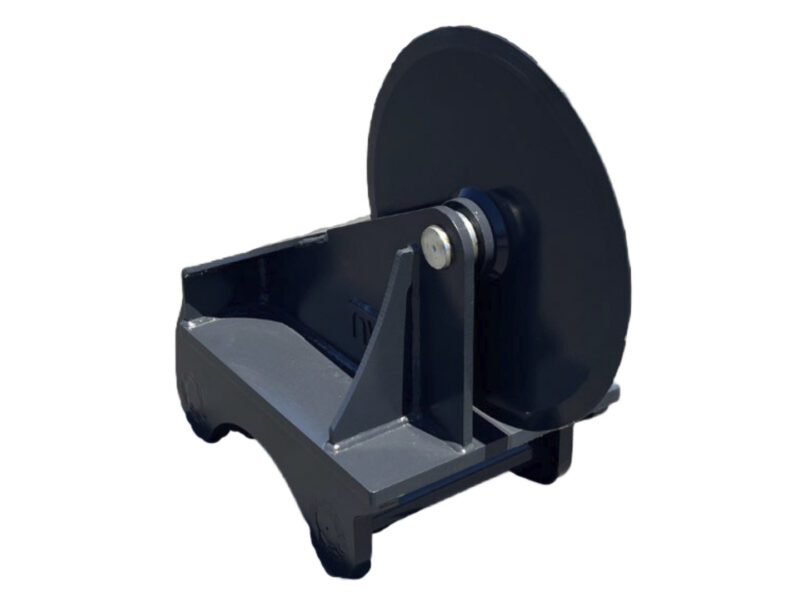 Large black circular disk mounted on a gray metal frame, part of a compact industrial machine tool