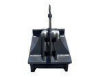 Industrial metalworking clamp or vise with two parallel gears on a gray base, seen from the front.