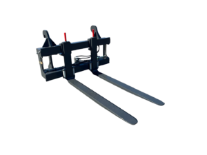 Blue forklift pallet-fork attachment with two long steel forks and red levers, viewed from the side. Has a dark blue frame and hydraulic components visible beneath the forks.