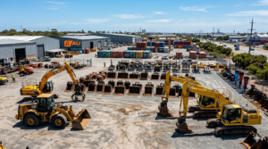industrial belt excavator and loader attachments - AU Buckets | Excavator Buckets, Attachments, Heavy Equipment Hire and Wear Parts - AU Buckets | Excavator Buckets, Attachments, Heavy Equipment Hire and Wear Parts Landscape photograph of a busy industrial equipment yard in Perth, Western Australia, with excavators and wheel loaders fitted with different buckets and attachments in the foreground, rows of extra excavator buckets, rakes, grabs and other attachments lined up behind them, large warehouse sheds and containers in the background, bright blue Australian sky, high detail, professional commercial photography style, 16:9 aspect ratio.
