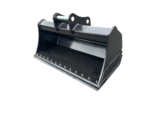 Dark metal skid-steer bucket attachment with a mounting bracket on top, isolated on a black background