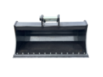 Industrial steel excavator bucket attachment with a toothed bottom edge, isolated on black background.