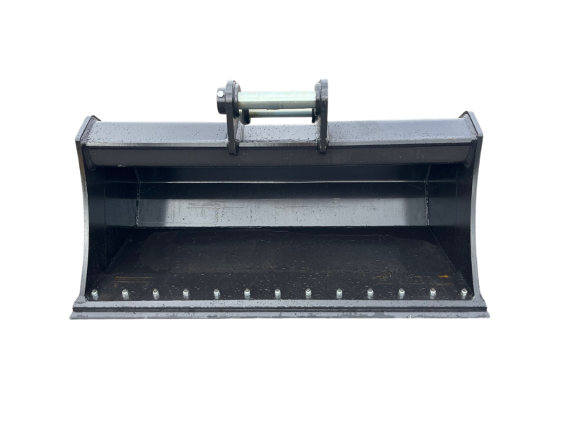 Industrial steel excavator bucket attachment with a toothed bottom edge, isolated on black background.