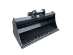 Metal bucket attachment for a skid-steer loader with mounting brackets on top, angled view showing reinforced edges and bolts used for scooping material.
