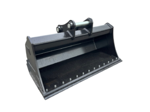 Metal bucket attachment for a skid-steer loader with mounting brackets on top, angled view showing reinforced edges and bolts used for scooping material.