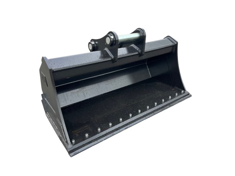 Metal bucket attachment for a skid-steer loader with mounting brackets on top, angled view showing reinforced edges and bolts used for scooping material.