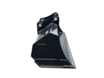 Industrial excavator bucket attachment with reinforced steel sidelock, isolated on black background, showing wear marks and riveted edges—used for digging.