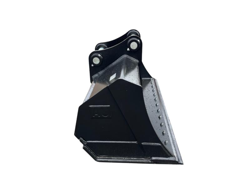 Industrial excavator bucket attachment with reinforced steel sidelock, isolated on black background, showing wear marks and riveted edges—used for digging.