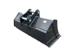 Heavy-duty excavator bucket attachment with mounting pins on a paved yard, ready for use.