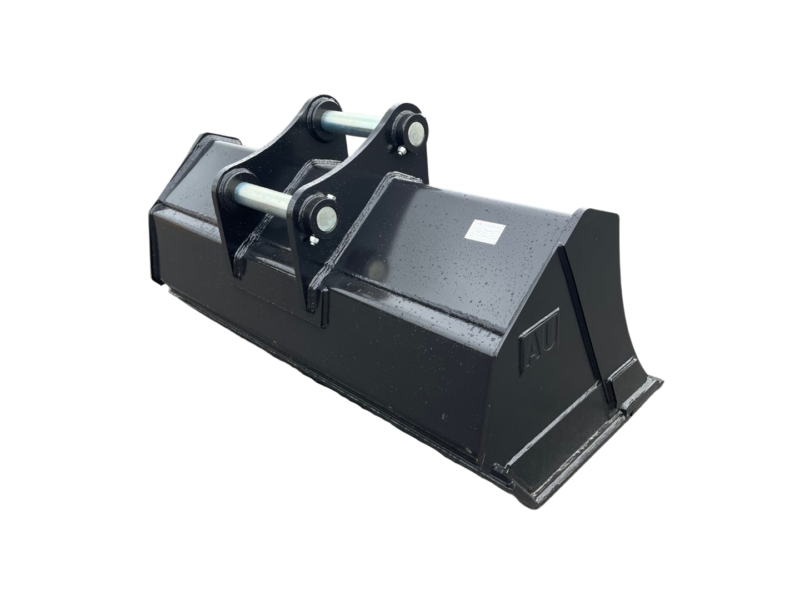 Heavy-duty excavator bucket attachment with mounting pins on a paved yard, ready for use.