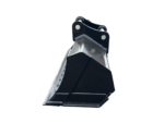 Black metal excavator bucket attachment with mounting plate and bolts, resting on a concrete yard surface.