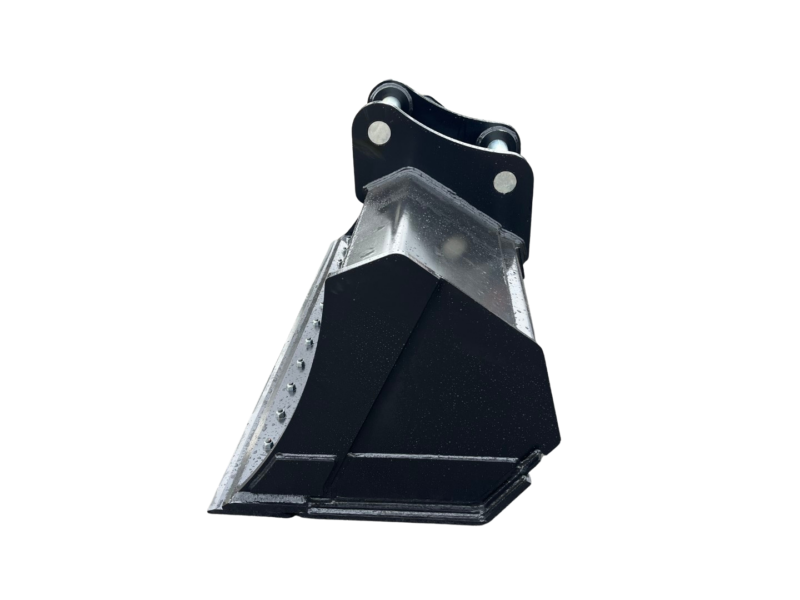 Black metal excavator bucket attachment with mounting plate and bolts, resting on a concrete yard surface.