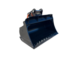 Large black front-end loader bucket, detached, in a storage yard with other buckets in the background.