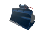 Blue steel excavator bucket attachment with bolt-edged lip sits on a paved lot; red hydraulic hose nearby in a yard.