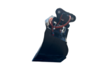 Excavator bucket attachment with red hydraulic hoses and steel jaws against a black background.