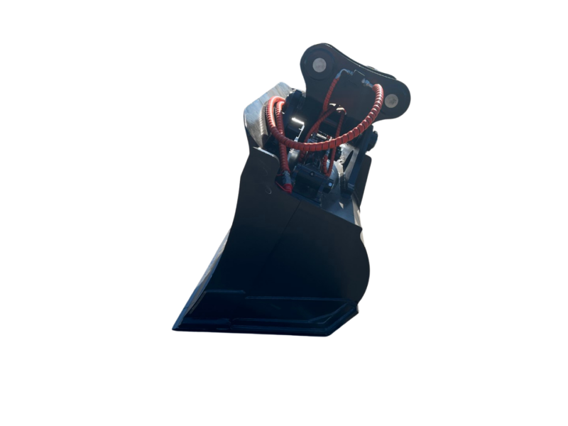 Excavator bucket attachment with red hydraulic hoses and steel jaws against a black background.