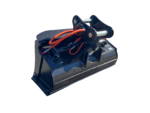 Heavy-duty excavator bucket attachment with red hydraulic hoses and steel linkages, on a black background