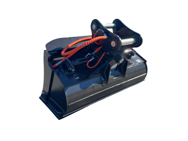 Heavy-duty excavator bucket attachment with red hydraulic hoses and steel linkages, on a black background