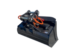 Close-up of a black bucket attachment with metal linkages and orange hydraulic hoses.