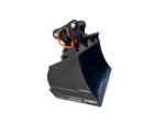 Dark gray excavator bucket attachment with orange hydraulic hoses and mounting hardware against a black background.