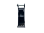 Industrial metal chute with a vertical rectangular frame and a roller at the top, viewed from the front.