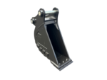 Heavy steel excavator bucket attachment with mounting pins, shown in perspective against a black background.
