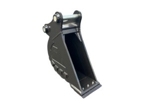 Heavy steel excavator bucket attachment with mounting pins, shown in perspective against a black background.