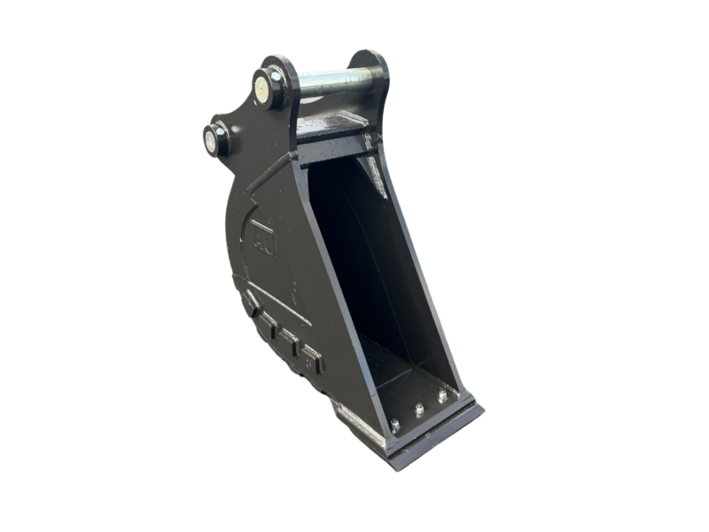 Heavy steel excavator bucket attachment with mounting pins, shown in perspective against a black background.