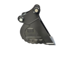 Dark gray excavator bucket attachment with curved top links and toothed bottom edge, isolated on a black background
