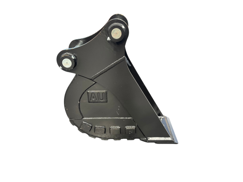 Dark gray excavator bucket attachment with curved top links and toothed bottom edge, isolated on a black background