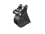 Black heavy-duty excavator bucket attachment with mounting pins, isolated on a black background.