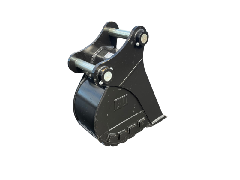 Black heavy-duty excavator bucket attachment with mounting pins, isolated on a black background.