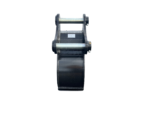 Front view of a heavy-duty steel excavator bucket attachment with side rollers and mounting pins against a black background.